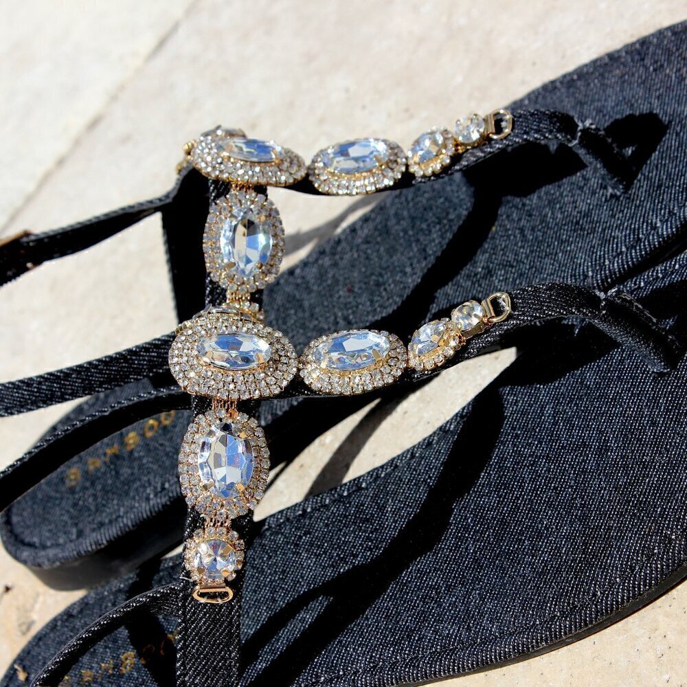 Jeweled Dark Black Denim Dressy Strap Bling Gold Accent Sandals Size 7/7.5/8/8.5 - Picture 10 of 12